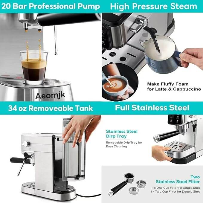 Aeomjk CM5105 Slim Stainless Steel Espresso Coffee Machine