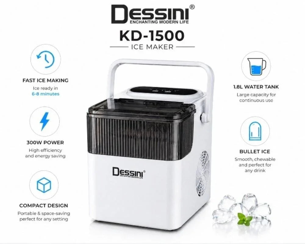 Dessini KD-1500 Ice Maker – Fast Ice Production, Portable Design, 1.8L Capacity