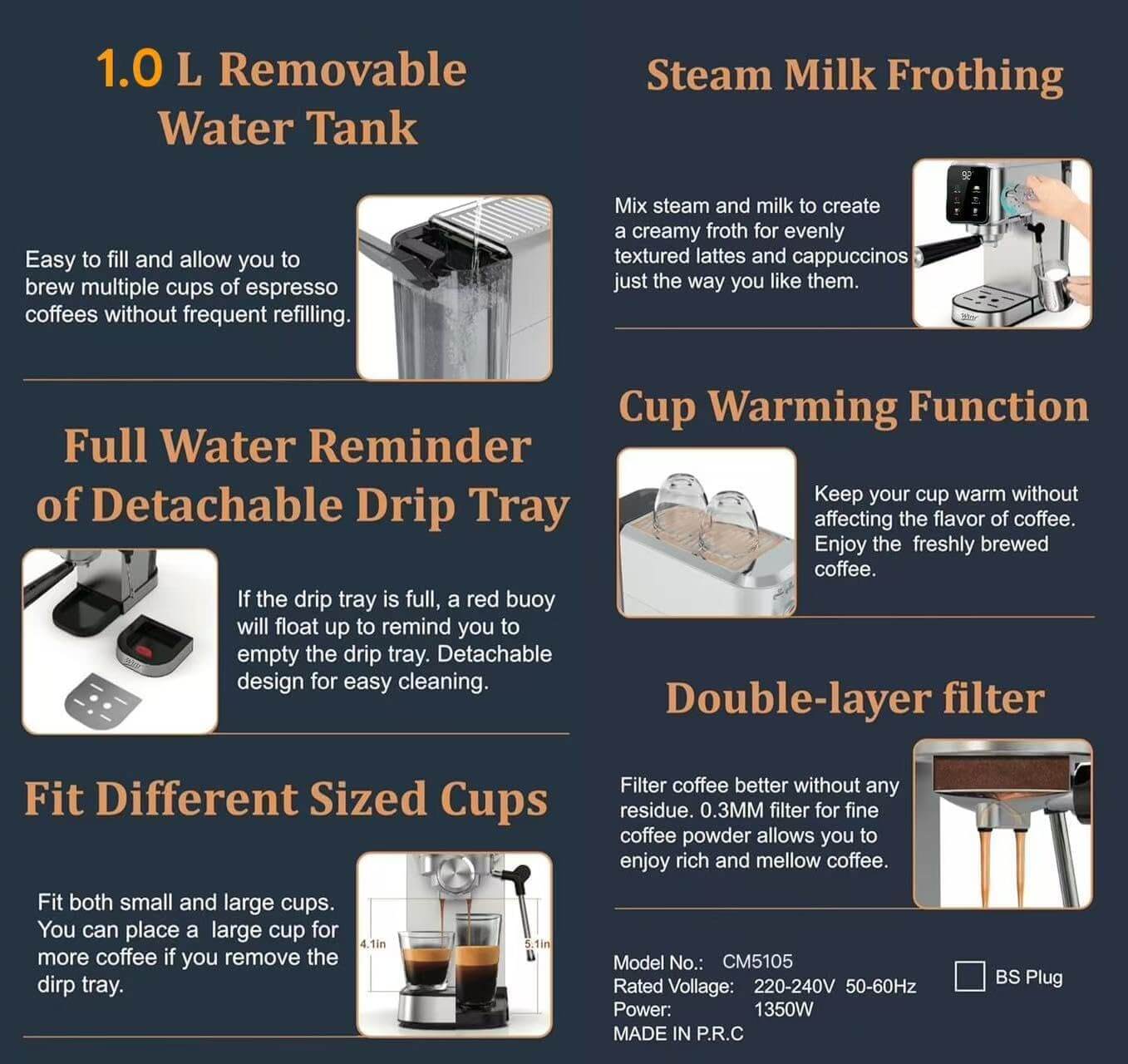Aeomjk CM5105 Slim Stainless Steel Espresso Coffee Machine