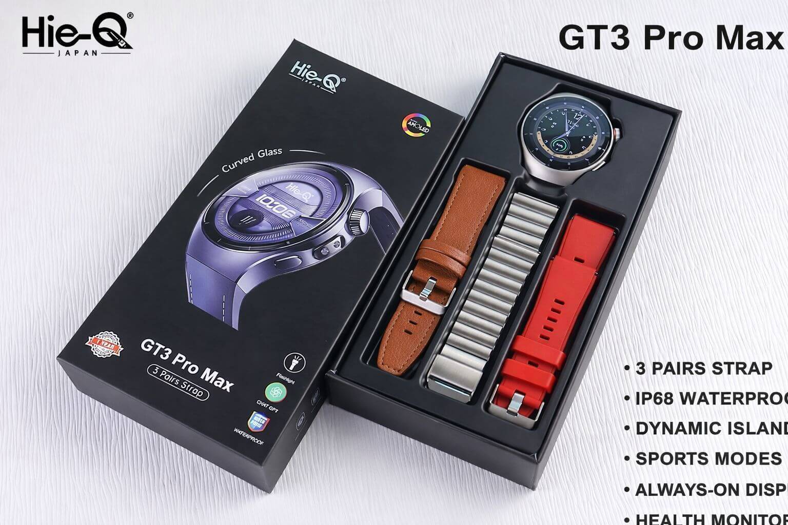 Hie-Q GT3 Pro Max Smart Watch with Curved AMOLED Display & 3 Pairs Strap