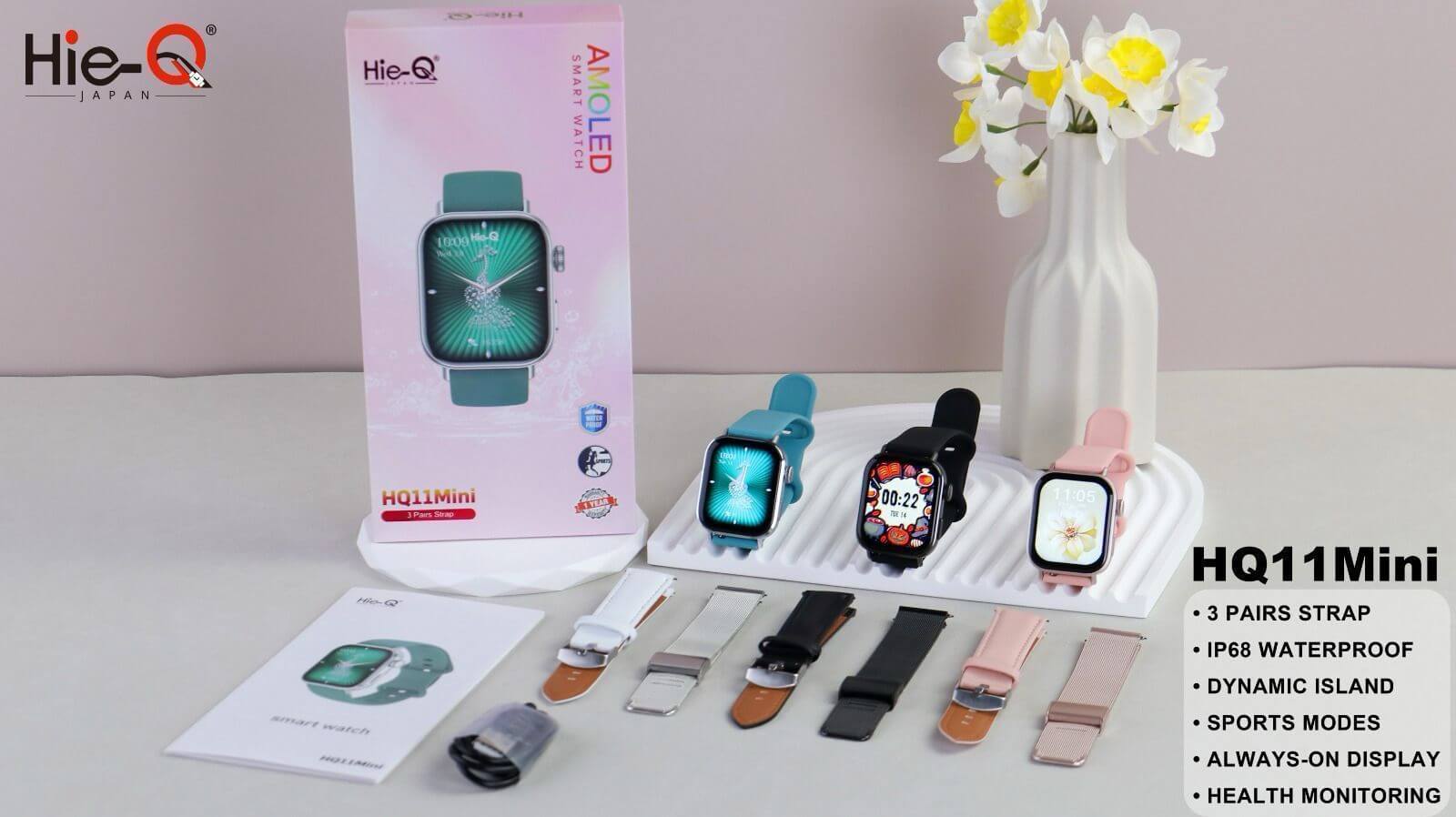 Hie-Q HQ11 Mini Smart Watch with AMOLED Display & 3 Pairs Strap Bundle